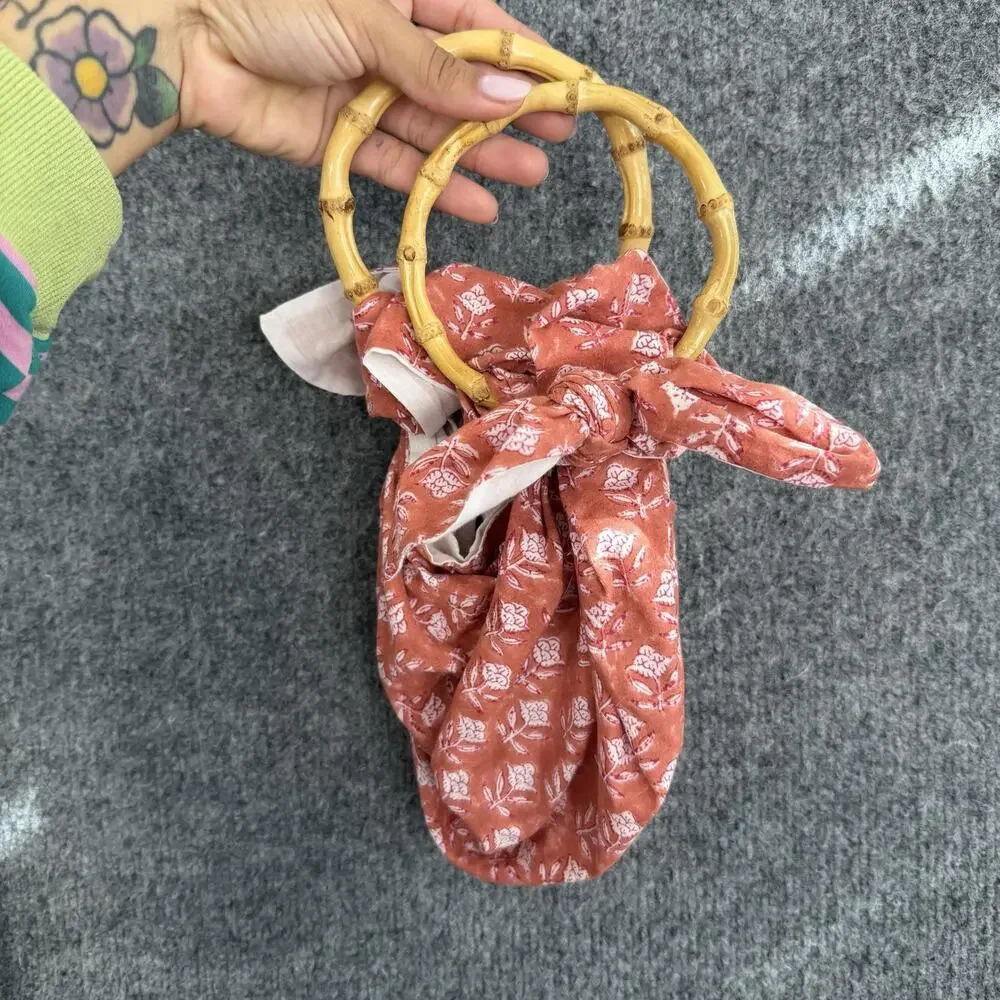 Emily Levine Dumpling Bamboo Handles Tote Bag Rust Floral Cotton Ring Boho
